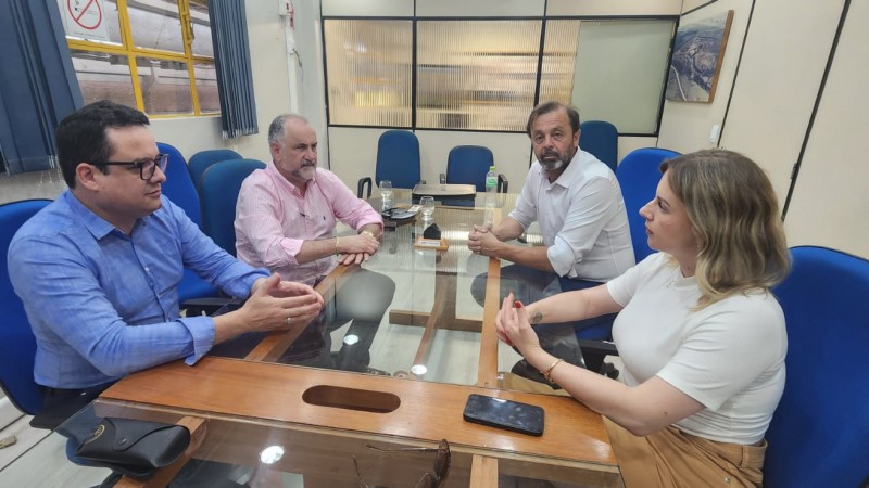 A imagem retrata a reunião do presidente da Companhia Riograndense de Mineração (CRM), Ademir Baretta, com importantes lideranças municipais da metade Sul do Estado. Todos sentados, conversando. À sua esquerda, está o prefeito de Pinheiro Machado, Ronaldo Madruga, que é acompanhado pela vice-prefeita, Laura Ratto Finkler, à sua frente. À direita dele Baretta, encontra-se o prefeito de Candiota, Luiz Carlos Folador á sua frente. Todos estão em um ambiente de reunião, demonstrando um clima de colaboração e diálogo. As expressões dos participantes refletem seriedade e comprometimento com os assuntos discutidos.