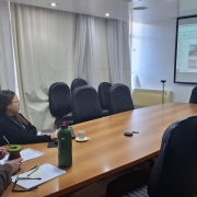 Na imagem, há duas pessoas presenciais em uma sala de reunião, ambas com expressão séria e concentrada. No online, as expressões são sérias e dedicadas à reunião. A cena transmite um ambiente de trabalho focado e colaborativo em um formato híbrido