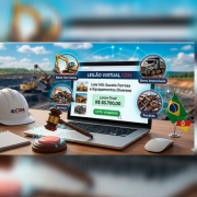 Foto de IA mostrando a tela do computador que est&aacute; tendo um leil&atilde;o online, alguns itens na mesa como bandeira, tela de computador